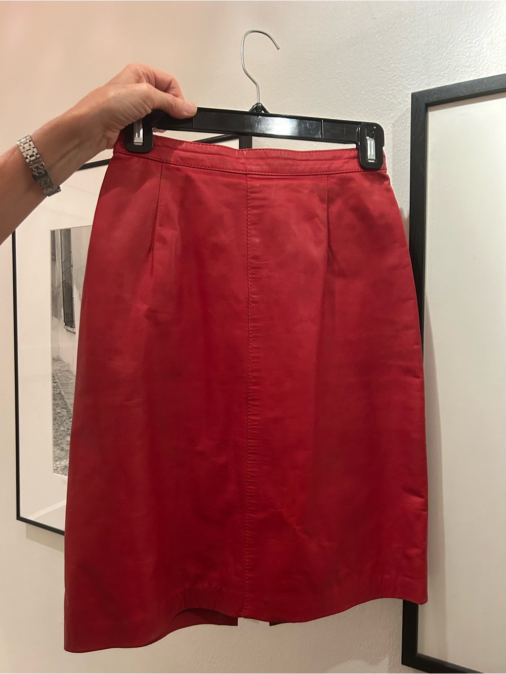 Red Women's Genuine Leather Skirt - Classic Pencil Style
